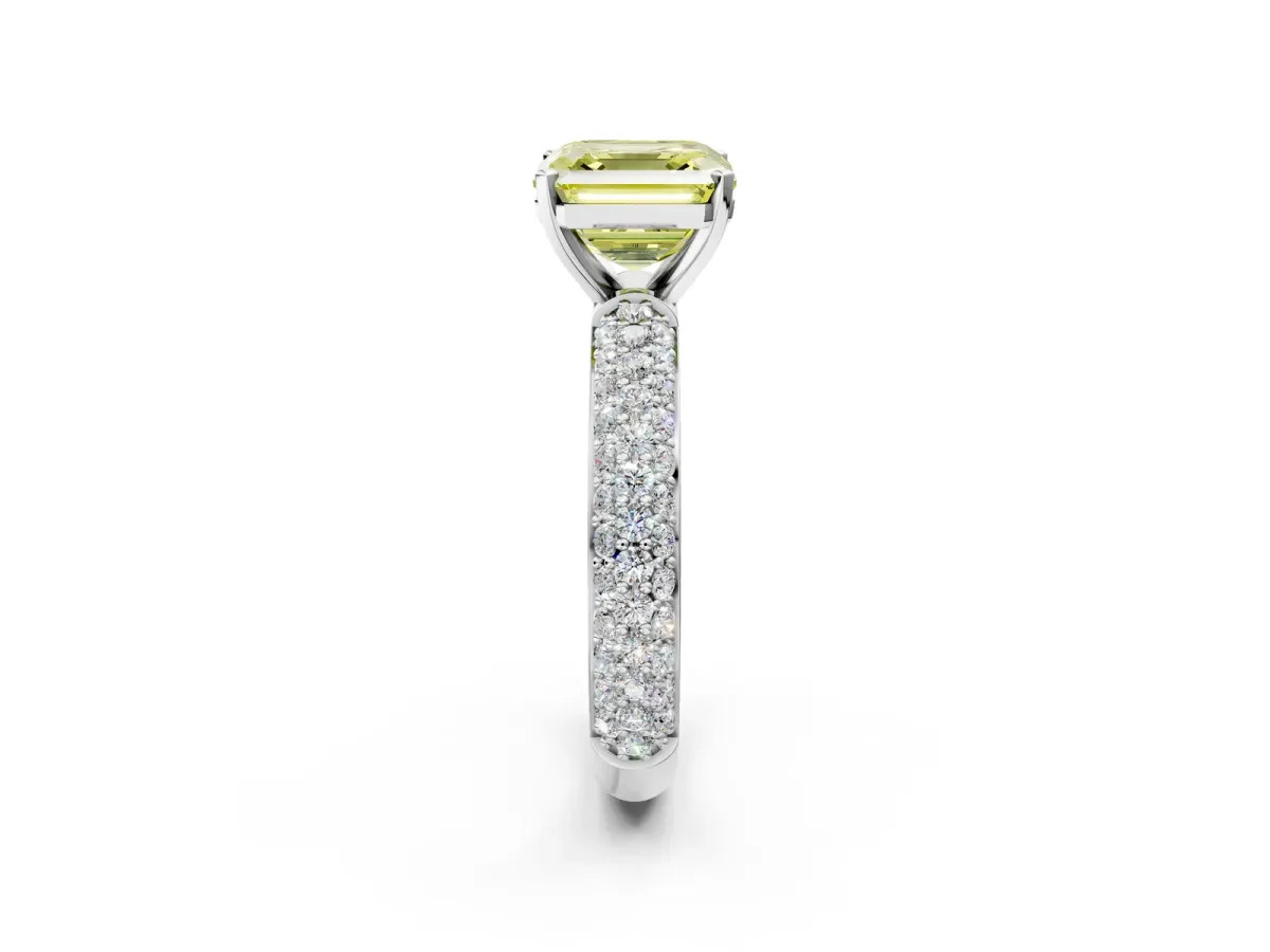 Fancy Yellow Asscher Cut Diamond Solitaire Ring with Prong Setting and Pavé Band Platinum