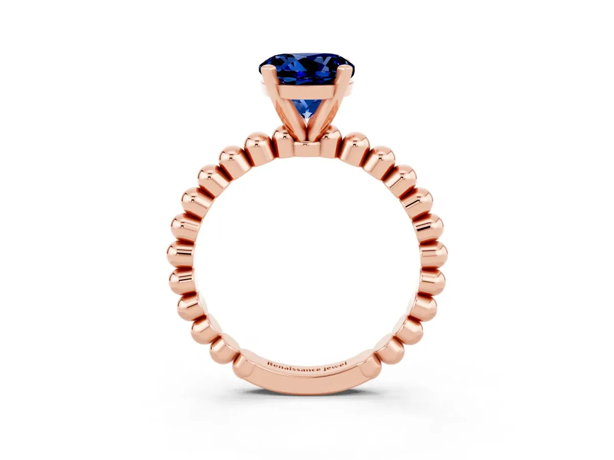 Round Cut Blue Sapphire Solitaire Ring with Beaded Band and Prong Setting Rose gold