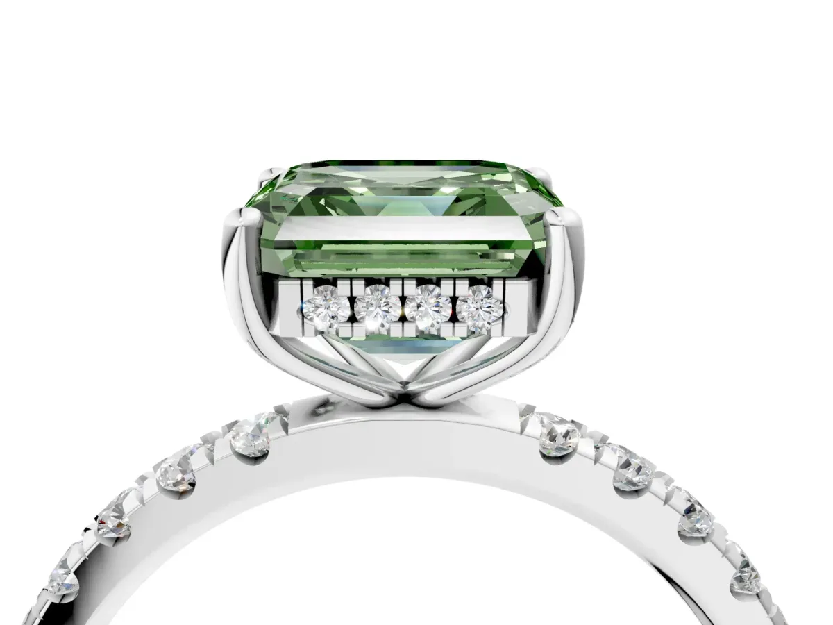 Fancy Green Asscher Cut Diamond Pave Band Solitaire Ring with Round and Prong Setting Platinum