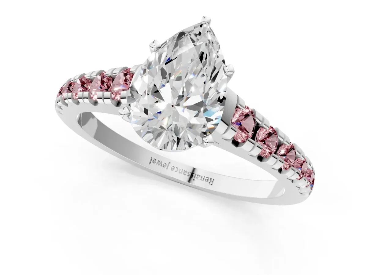 Pear Cut Diamond Cathedral Solitaire Ring with Round Morganite Pavé Band Silver