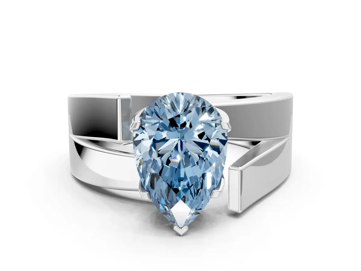 Fancy Blue Modern Tension Set Pear Cut Diamond Solitaire Wide Band Ring Platinum
