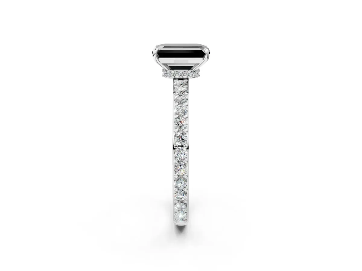 Fancy Black Emerald Cut Diamond Solitaire Engagement Ring with Pavé Band and Four-Prong Setting Silver
