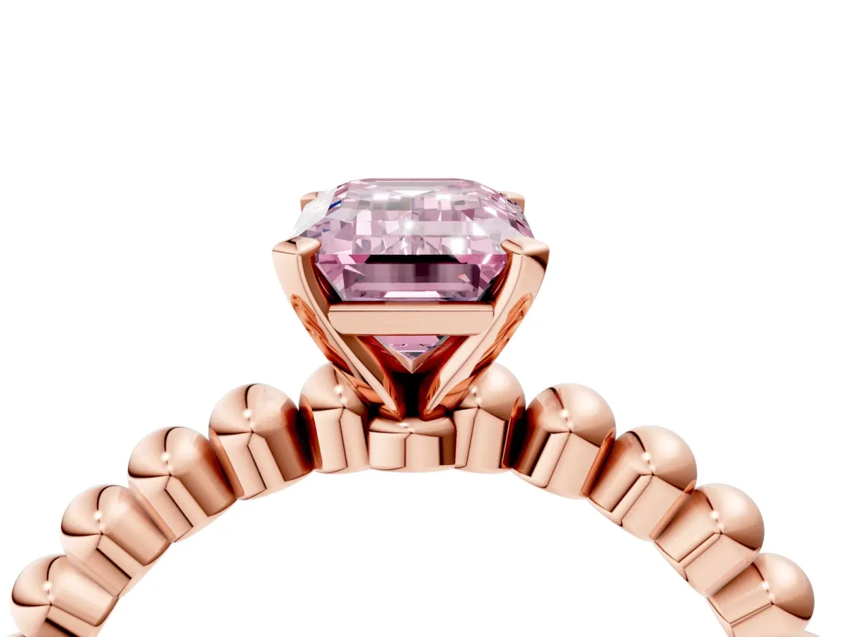 Fancy Pink Emerald Cut Diamond Solitaire Ring with Beaded Band and Prong Setting Rose gold