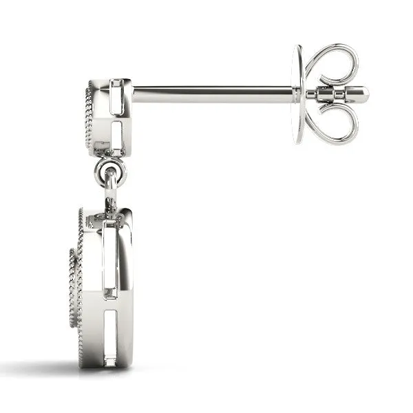Round Halo Diamond Drop Earrings with Milgrain Bezel Setting Silver