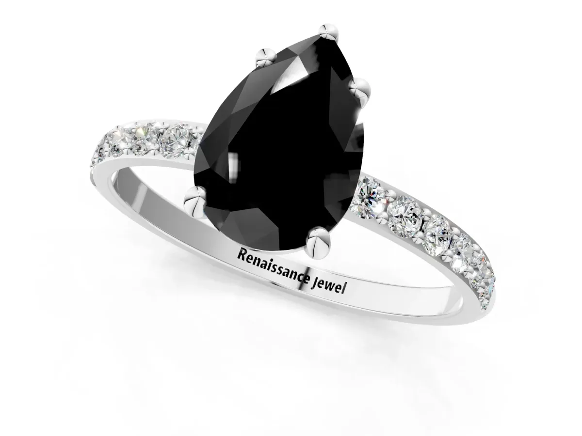 Fancy Black Pear Cut Diamond Solitaire Ring with Round Pavé Band and Prong Setting Silver