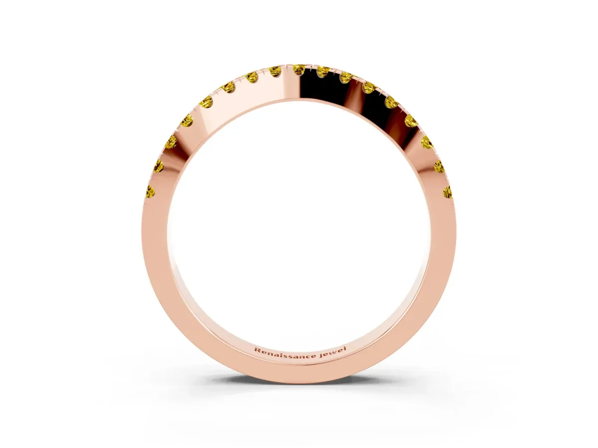Round Yellow Sapphire Pavé Curved Band with Shared Prong Setting Rose gold