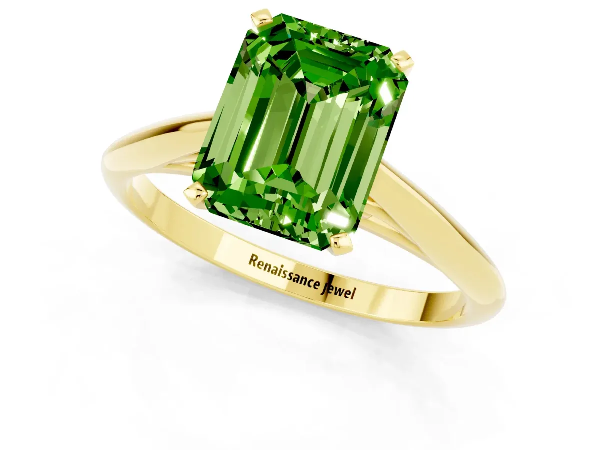 Emerald Cut Peridot Solitaire Engagement Ring with Cathedral Setting and Four-Prong Mount Yellow gold