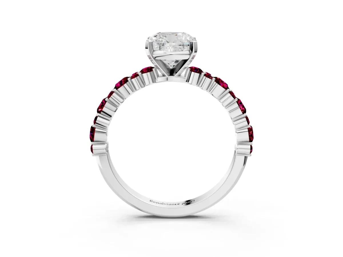 Cushion Cut Diamond Side Stone Solitaire Ring with Round Garnet and Four-Prong Setting Silver