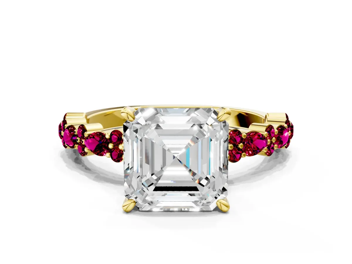 Asscher Cut Diamond Side Stone Solitaire Ring with Round Garnet and Four-Prong Setting Yellow gold