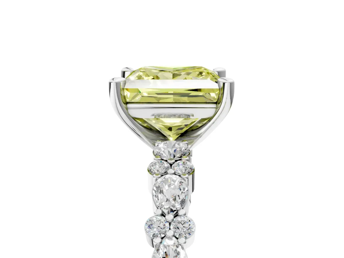 Fancy Yellow Princess Cut Diamond Side Stone Solitaire Ring with Round and Four-Prong Setting Platinum
