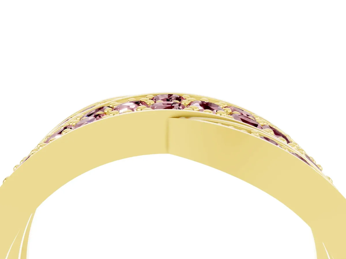 Pavé Round Morganite Crossover Band with Bead Prong Setting Yellow gold