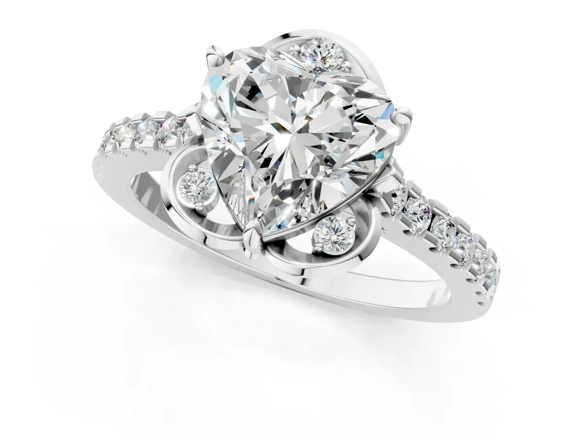Heart Cut Diamond Ring with Pavé Band and Floral Prong Setting Silver