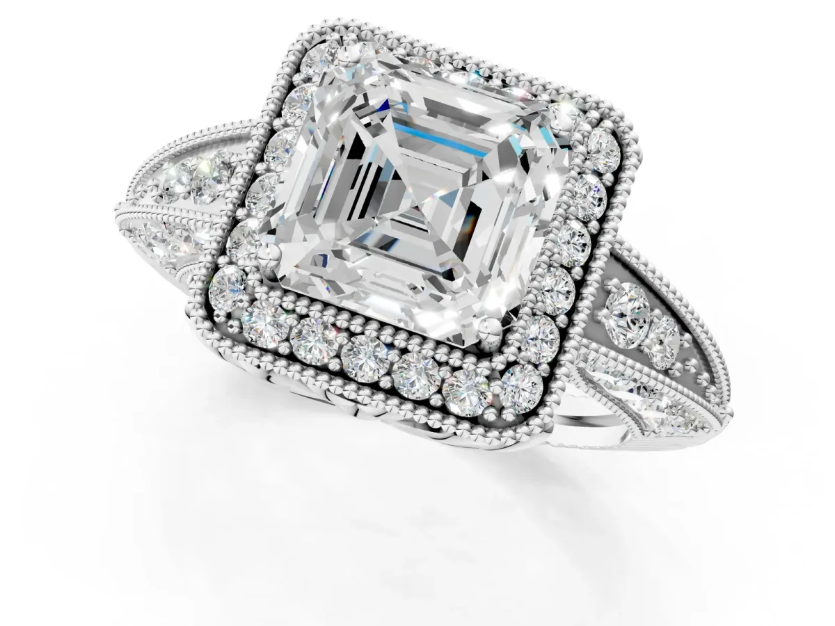 Asscher Cut Halo Diamond Split Shank Ring with Milgrain Detail Platinum