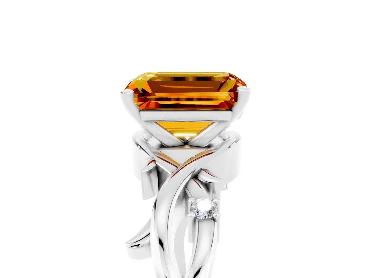 Emerald Cut Citrine Solitaire Ring with Twisted Band and Prong Setting Silver
