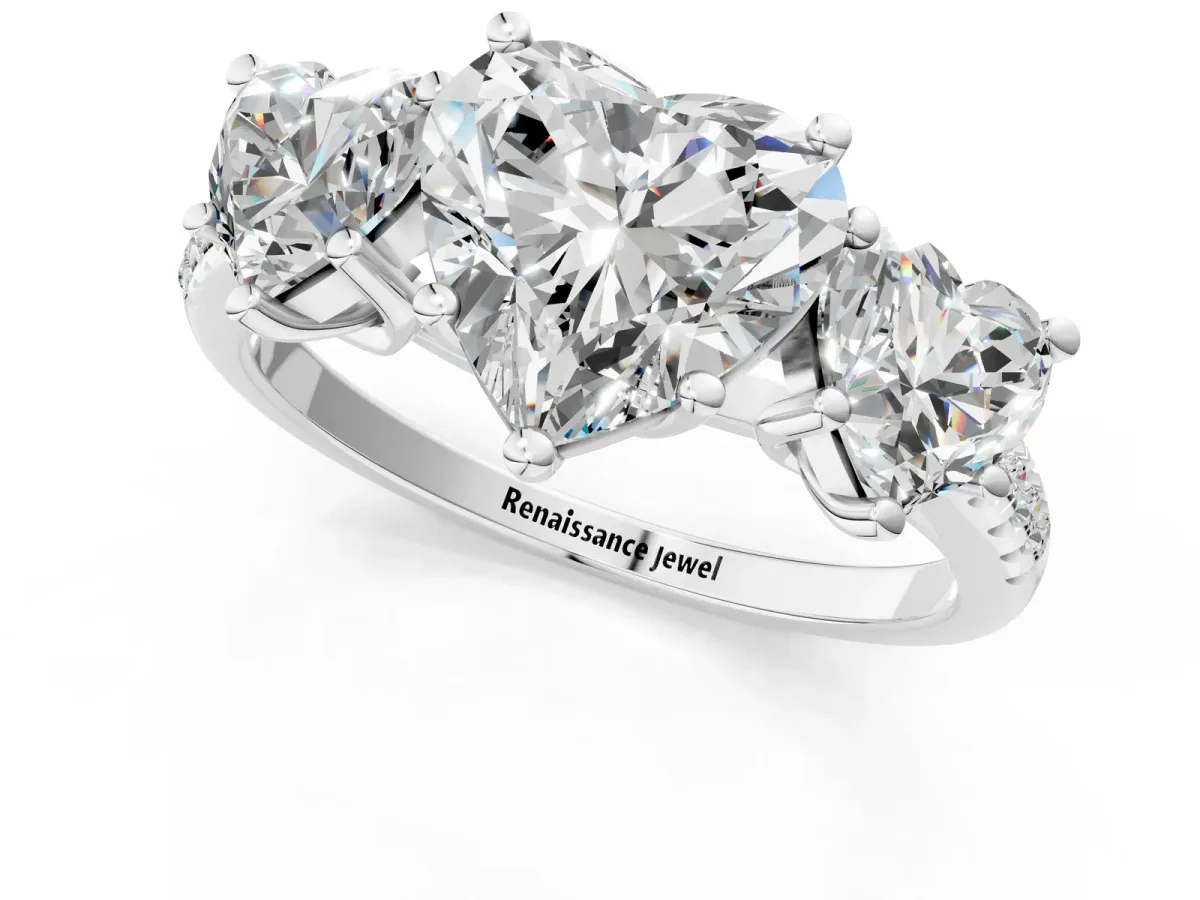 Three-Stone Heart Cut Diamond Ring with Round Moissanite Pavé Band and Prong Setting Silver