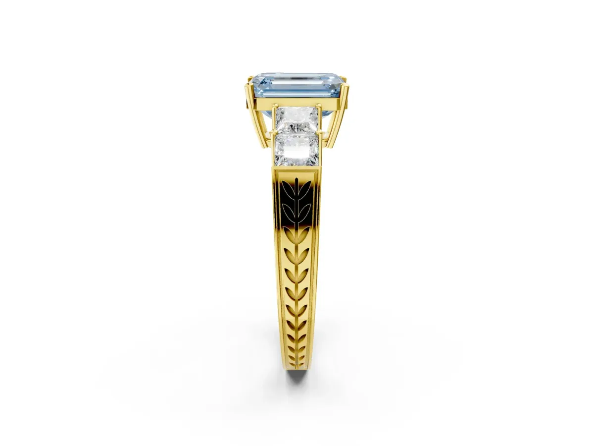 Fancy Blue Emerald Cut Solitaire Princess Side Stone Engraved Band Prong Setting Ring Yellow gold