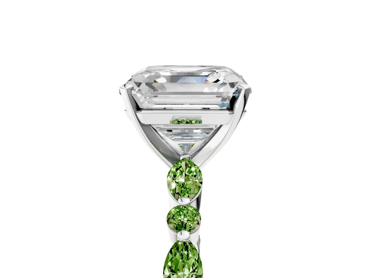 Asscher Cut Diamond Ring with Marquise and Round Peridot Side Stones and Four-Prong Setting Silver
