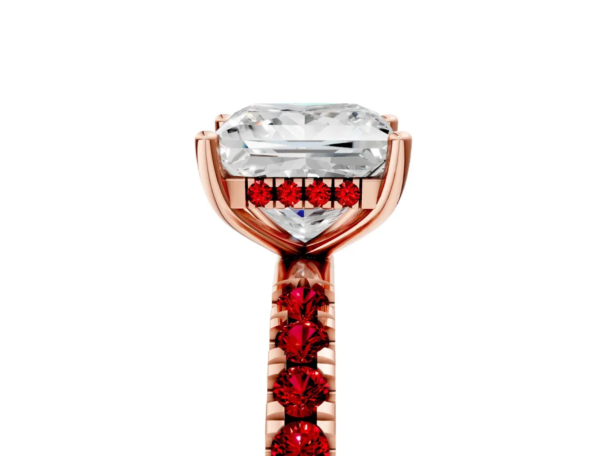 Princess Cut Diamond Pave Band Solitaire Ring with Round Ruby and Prong Setting Rose gold