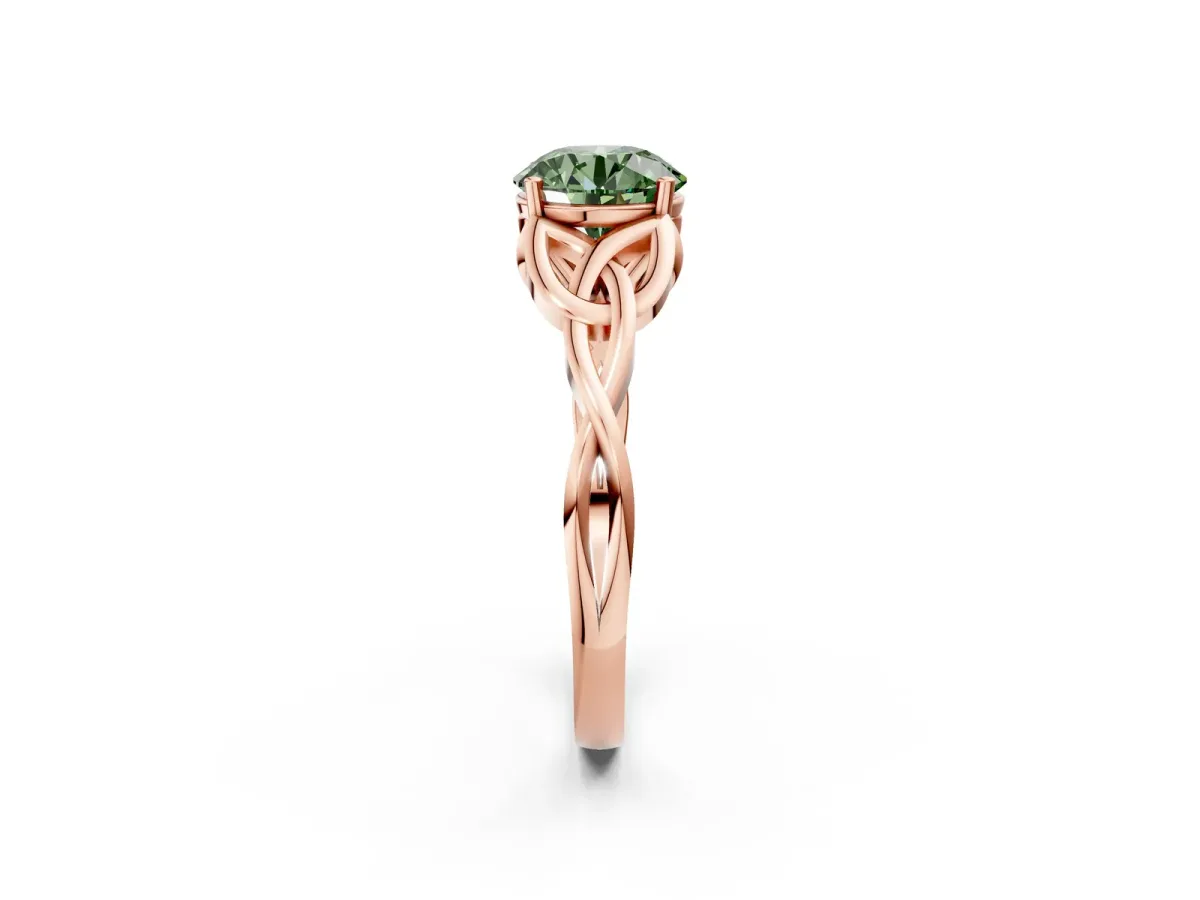 Fancy Green Round Cut Diamond Solitaire Celtic Knot Ring with Four-Prong Setting Rose gold