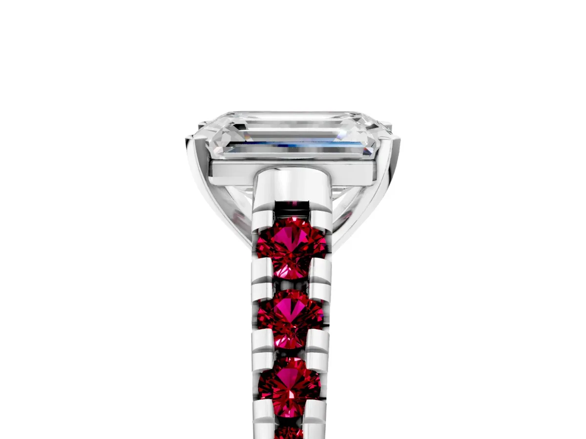 Emerald Cut Diamond Cathedral Solitaire Ring with Round Garnet Pavé Band Platinum