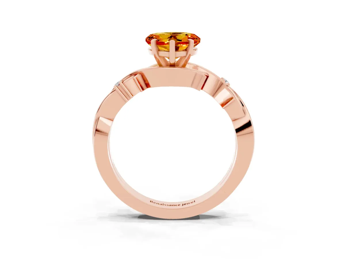 Heart Cut Citrine Solitaire Ring with Twisted Band and Prong Setting Rose gold