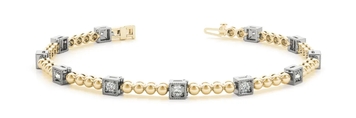 Square Bezel Set Round Diamond Beaded Tennis Bracelet Yellow gold