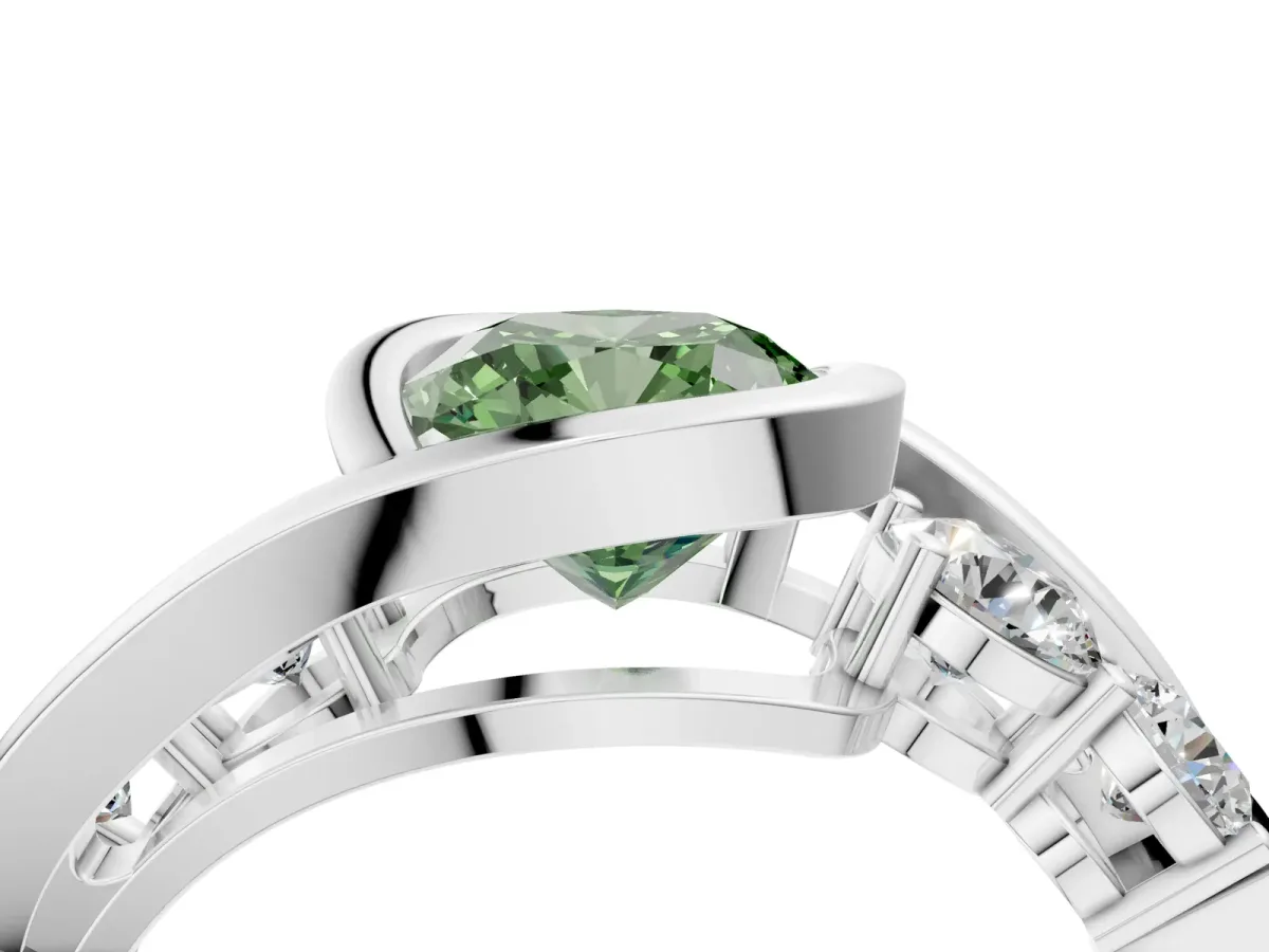 Fancy Green Bezel Set Cushion Cut Diamond Bypass Ring with Round Accents Platinum