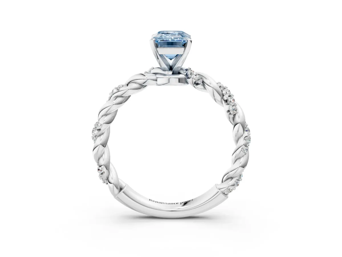 Fancy Blue Emerald Cut Diamond Solitaire Ring with Twisted Band and Pavé Accents Platinum