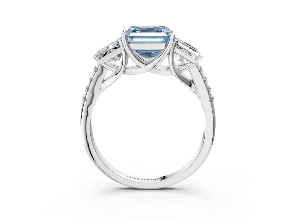 Fancy Blue Three-Stone Asscher Cut Diamond Ring with Round Pavé Band and Prong Setting Silver