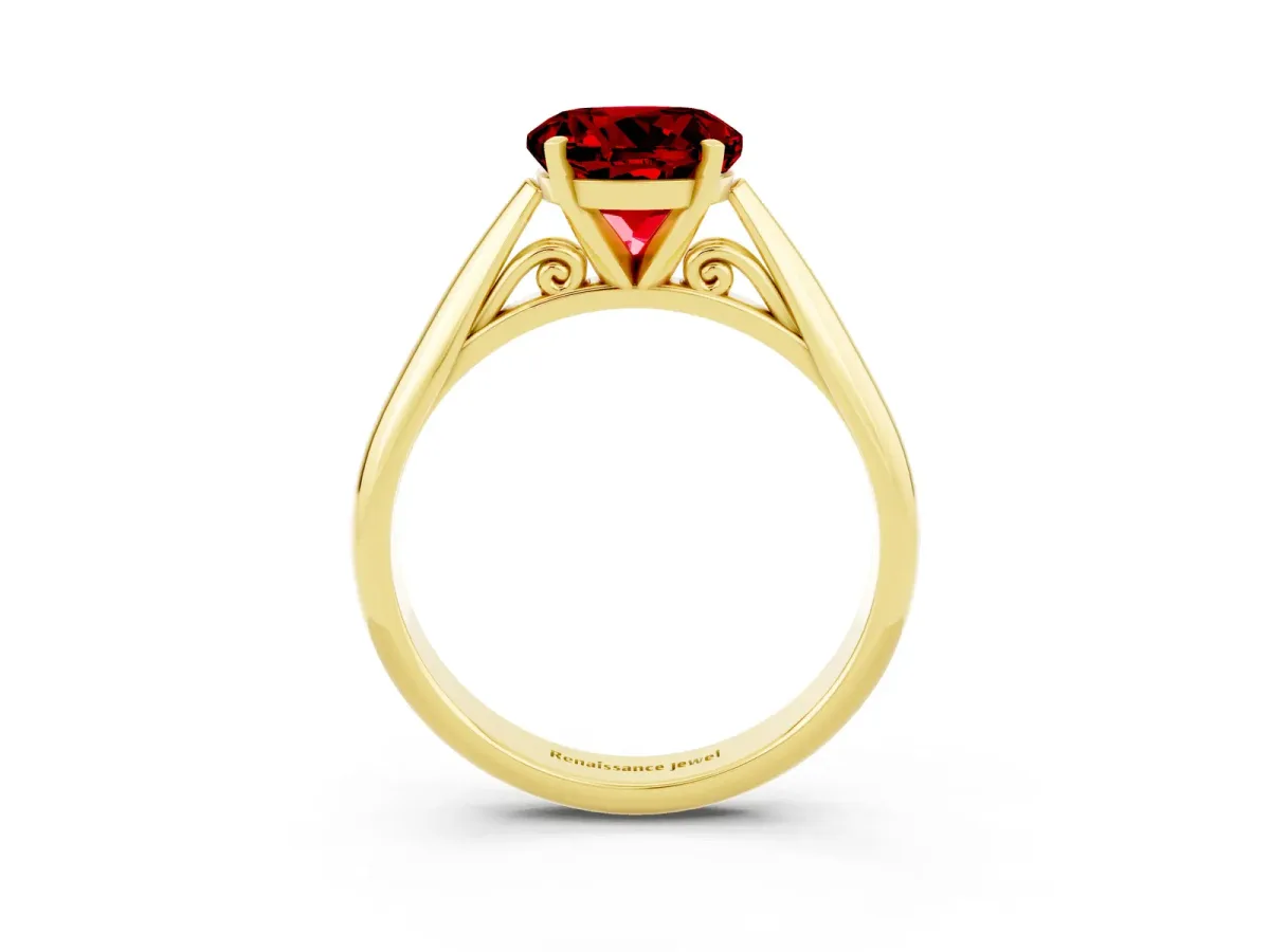 Round Cut Ruby Solitaire Engagement Ring with Cathedral Setting and Four-Prong Mount Yellow gold