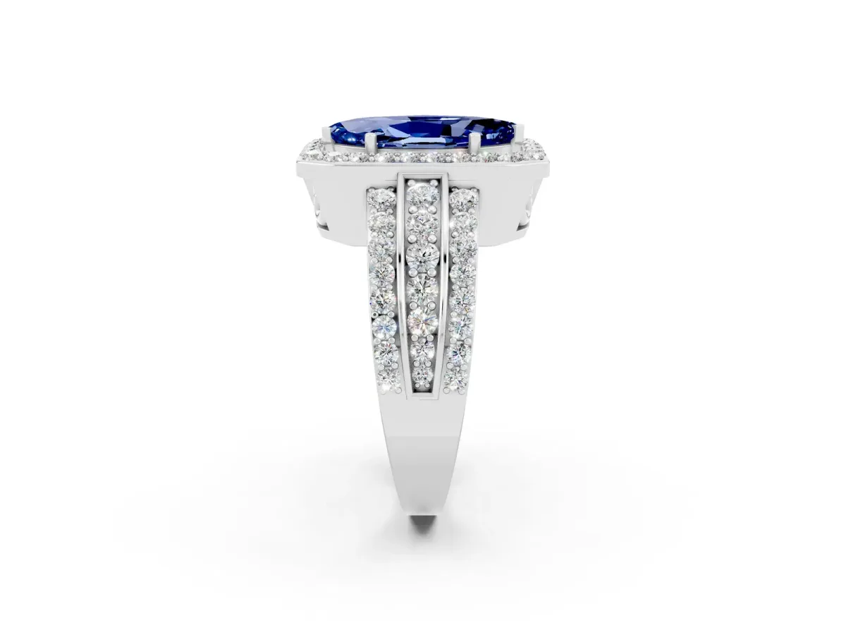 Marquise Cut Halo Blue Sapphire Ring with Round Split Shank and Prong Setting Silver