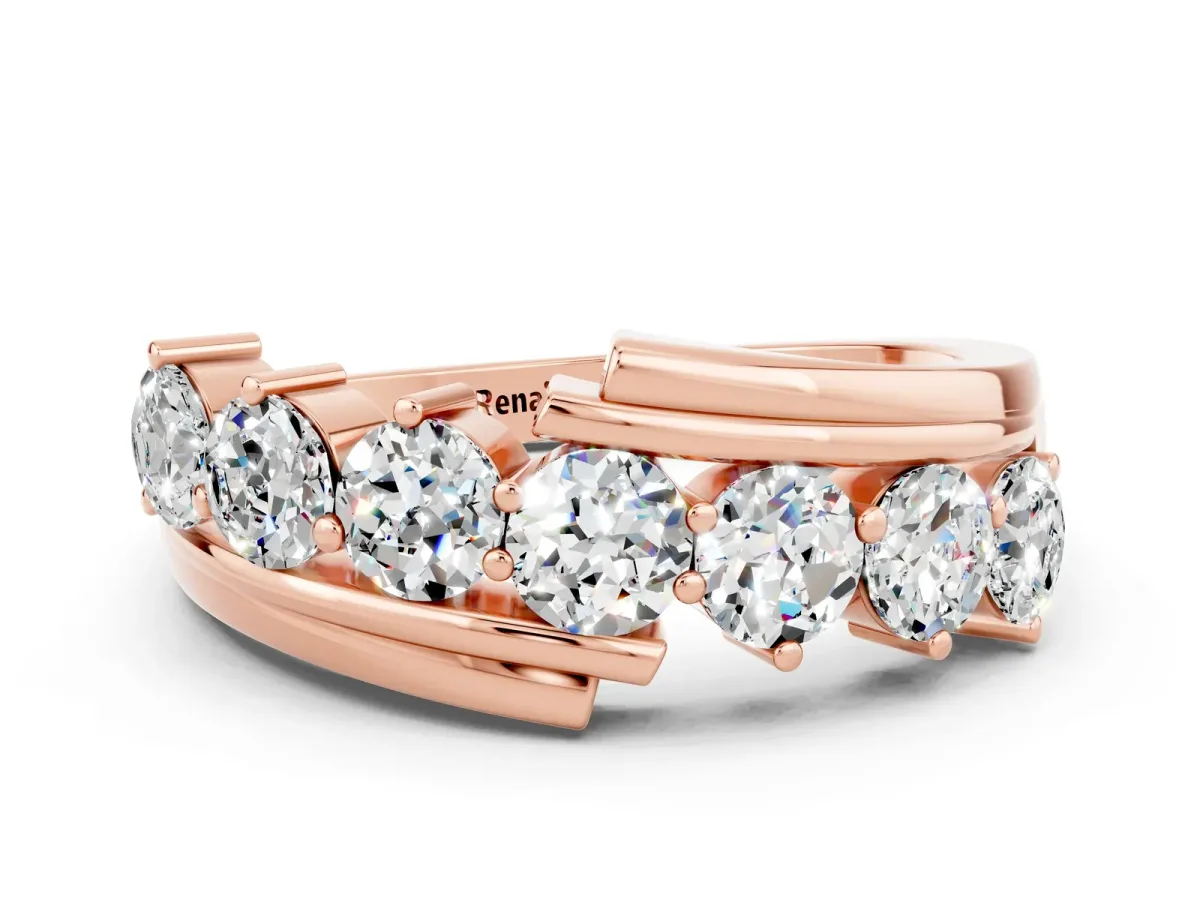 Round Moissanite Wave Band with Channel and Shared Prong Setting Rose gold
