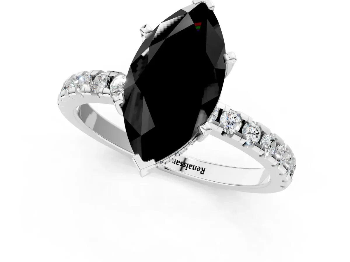 Fancy Black Marquise Cut Diamond Solitaire Ring with Round Pavé Band and Four-Prong Setting Silver