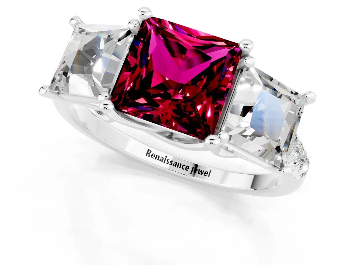 Three-Stone Princess Cut Garnet Ring with Round Pavé Band and Prong Setting Silver