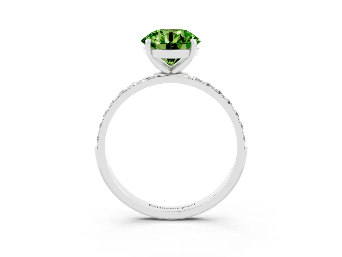 Round Cut Peridot Solitaire Ring with Round Pavé Band and Prong Setting Platinum