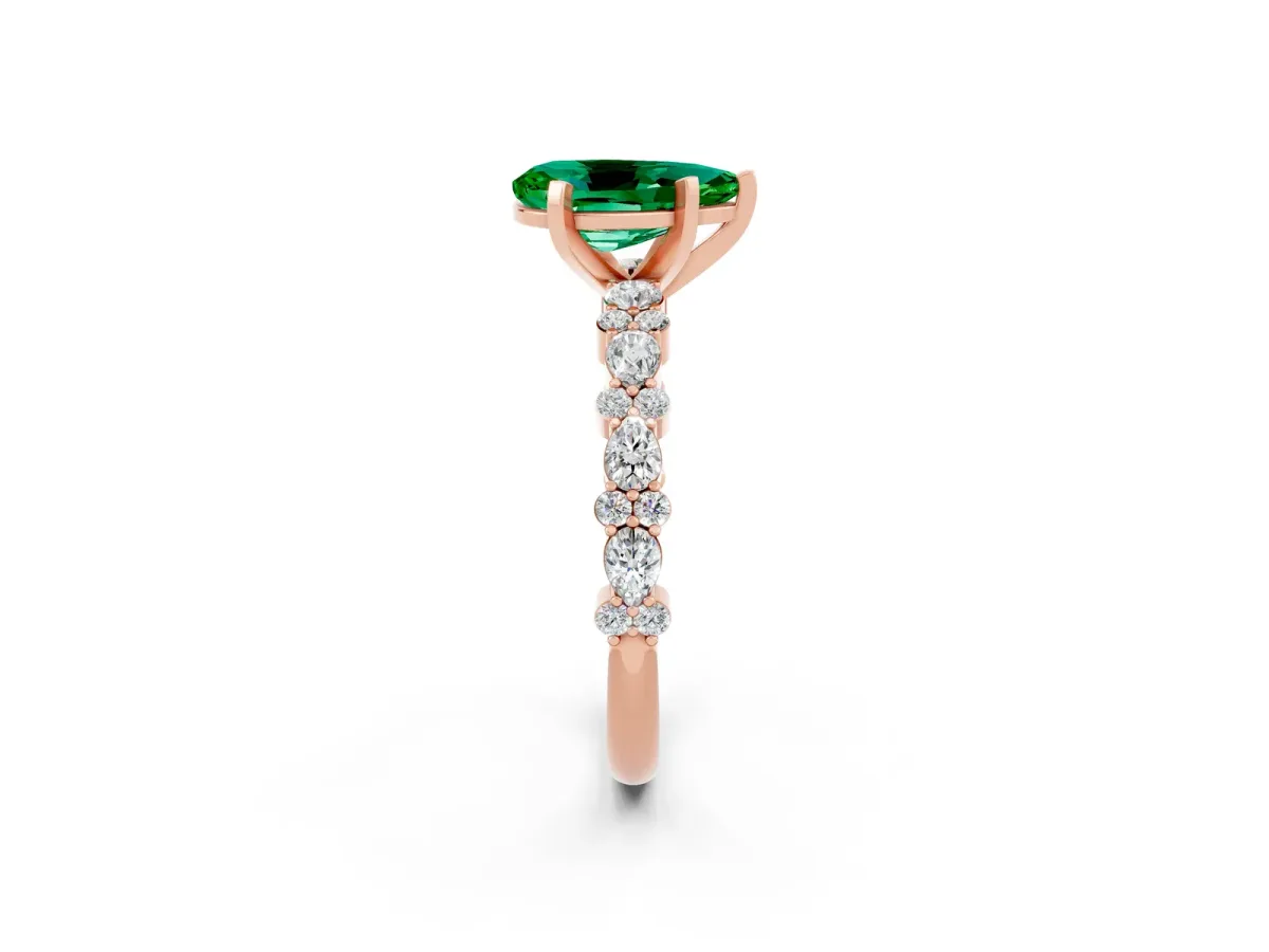 Pear Cut Emerald Side Stone Solitaire Ring with Round and Four-Prong Setting Rose gold