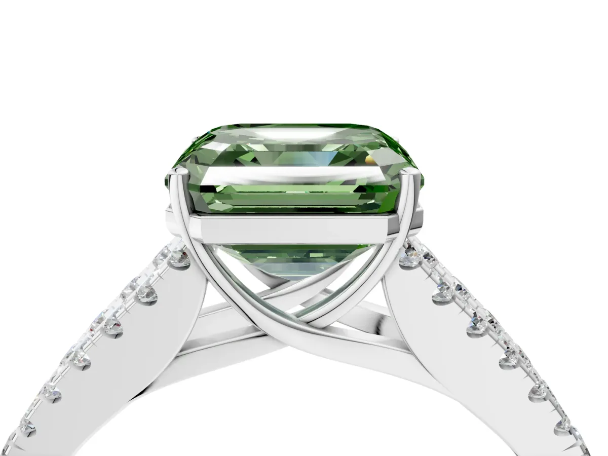 Fancy Green Asscher Cut Diamond Split Shank Engagement Ring with Round Pavé and Prong Setting Platinum