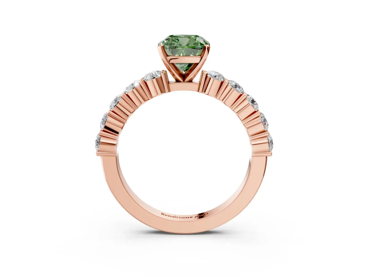 Fancy Green Cushion Cut Diamond Solitaire Ring with Shared Prong Round Side Stones Rose gold