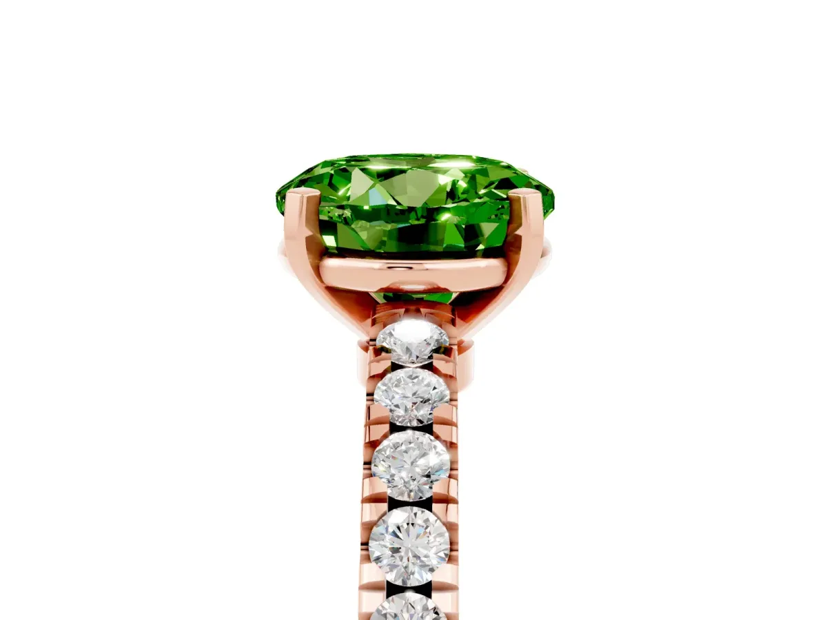 Round Cut Solitaire Peridot with Pavé Band and Four-Prong Setting Rose gold