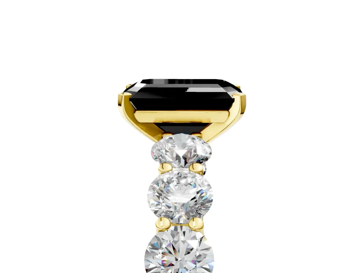 Fancy Black Emerald Cut Diamond Prong Setting with Side Stones on a Pave Band Yellow gold