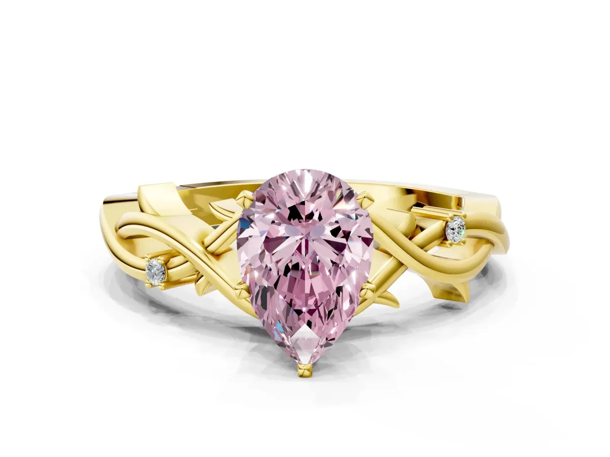 Fancy Pink Pear Cut Diamond Solitaire Ring with Twisted Band and Prong Setting Yellow gold