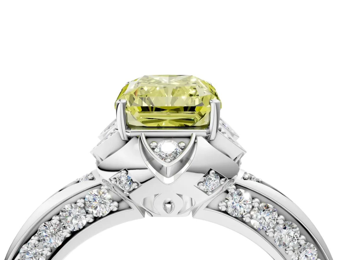 Fancy Yellow Radiant Cut Halo Split Shank Pave Diamond Ring with Petal Prong Setting Platinum