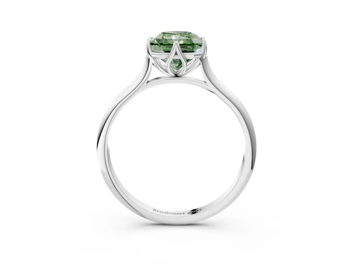 Fancy Green Radiant Cut Solitaire Cathedral Diamond Ring with Six-Prong Setting Platinum