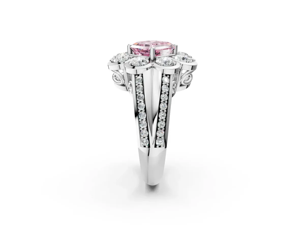 Fancy Pink Asscher Cut Brilliant Flower Halo Diamond Split Shank Ring Platinum