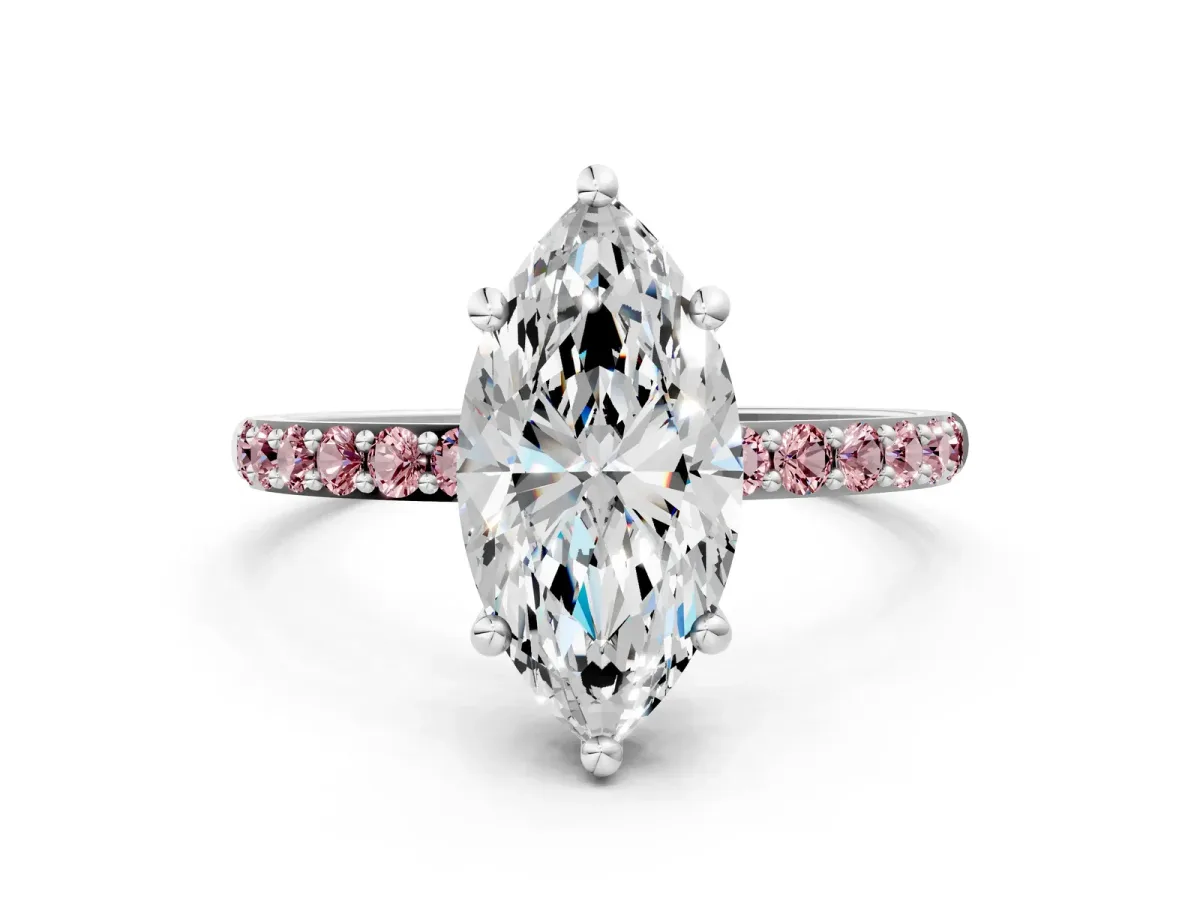 Marquise Cut Diamond Solitaire Ring with Round Morganite Pavé Band and Prong Setting Silver