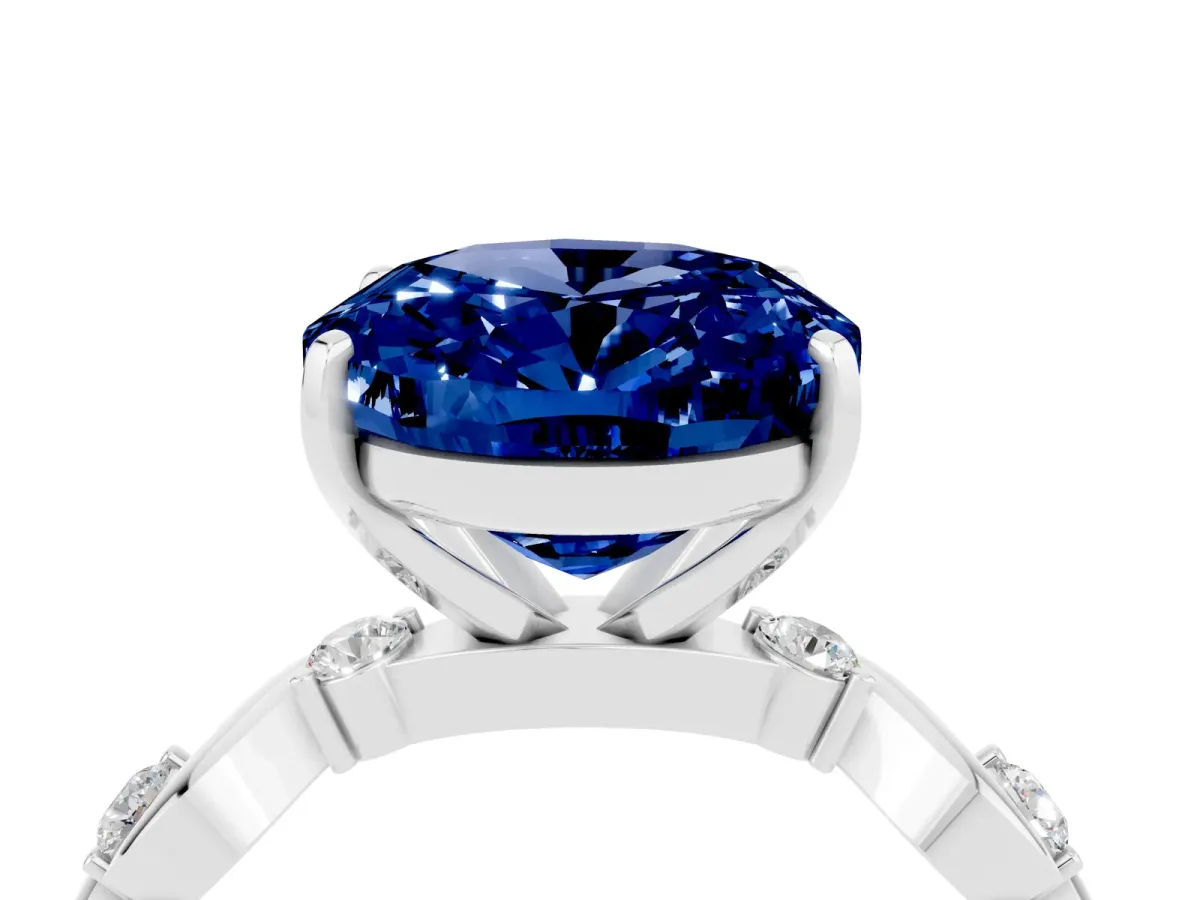 Oval Cut Blue Sapphire Solitaire Twisted Band with Round Accents and Prong Setting Silver