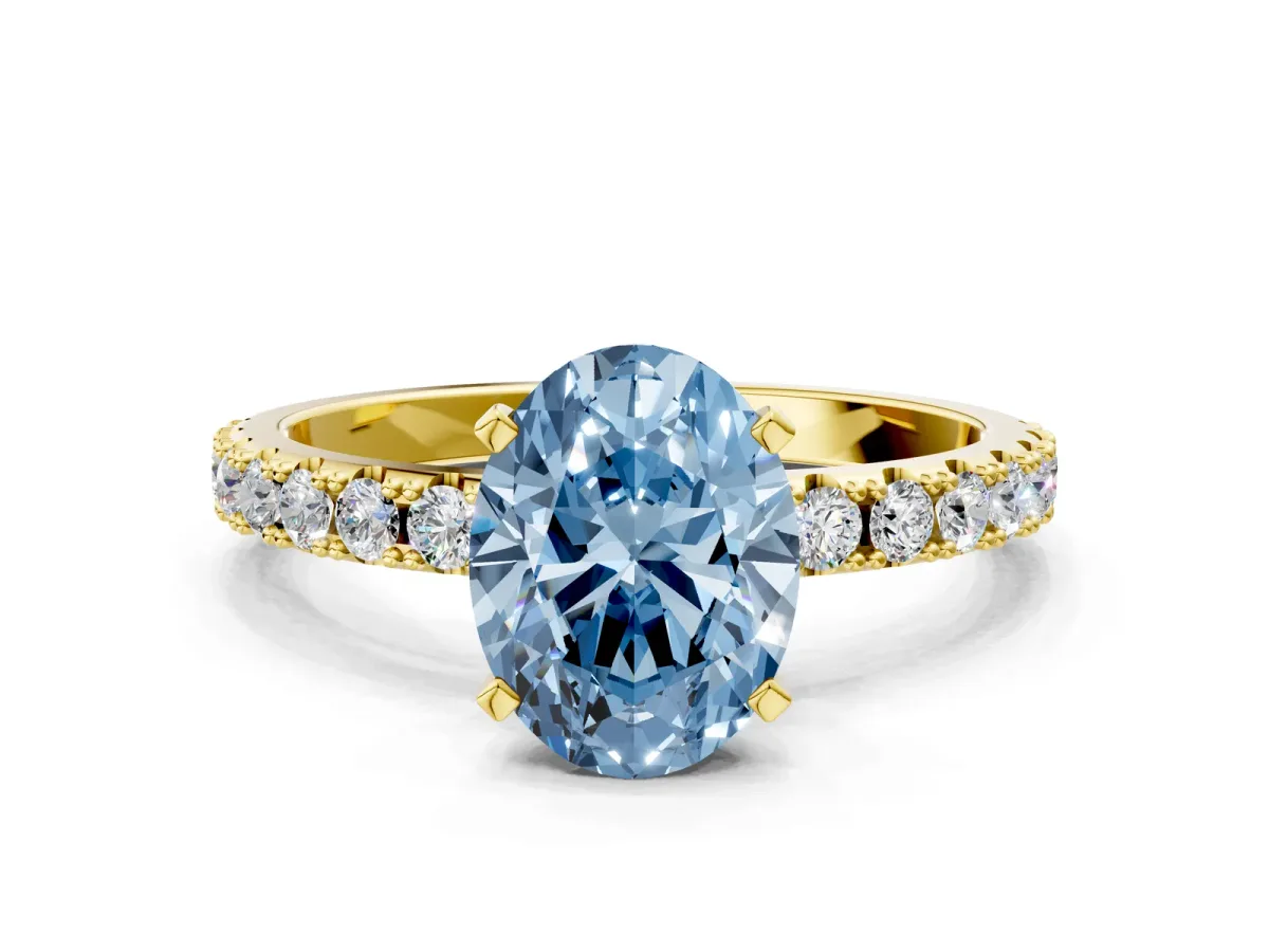 Fancy Blue Oval Cut Diamond Solitaire Pavé Band with Four-Prong Setting Yellow gold