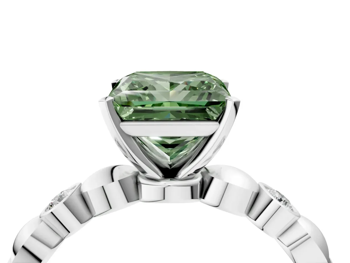 Fancy Green Princess Cut Solitaire Bezel-Set Diamond Ring with Beaded Band and Four-Prong Setting Silver