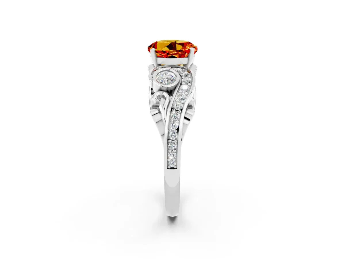 Round Cut Citrine Solitaire Ring with Milgrain Pavé Band and Four-Prong Setting Silver