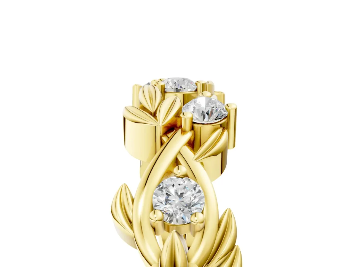 Round Diamond Leaf Motif Band with Prong Setting Yellow gold